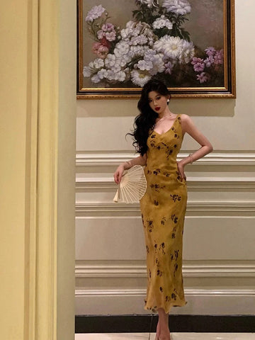 Sheath V Neckline Yellow Floral Date Night Dress Prom Dresses Birthday Party Outfit SD890
